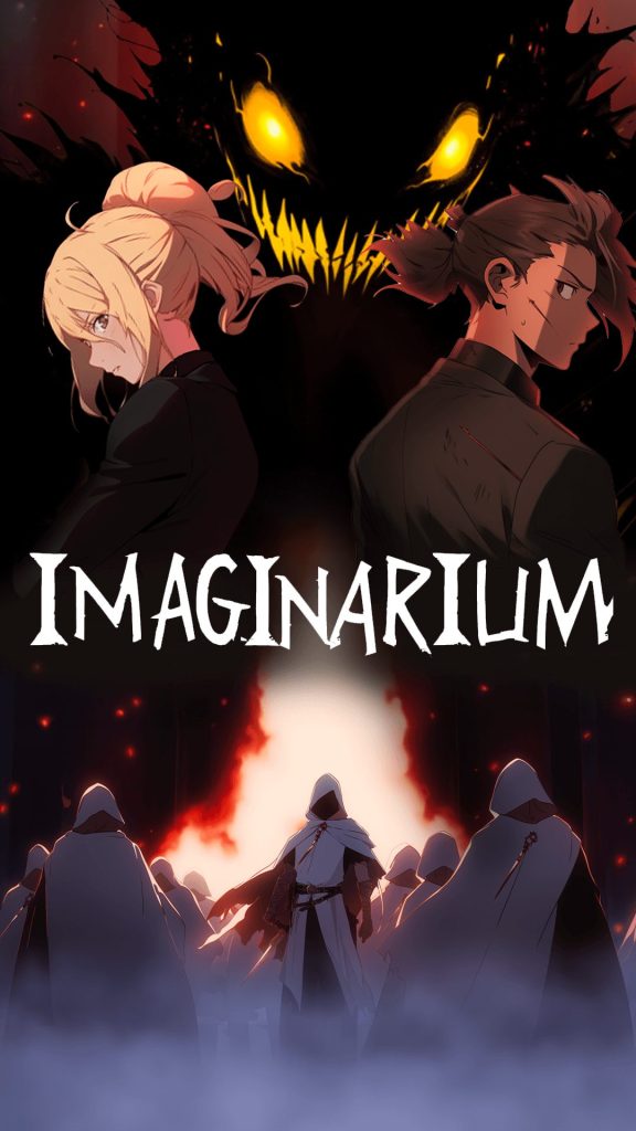 Imaginarium, le webtoon avec deux personnages et des hommes en blanc.